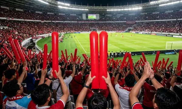 Balon tepuk Serdang Bedagai digunakan suporter saat menyaksikan pertandingan sepak bola di stadion.