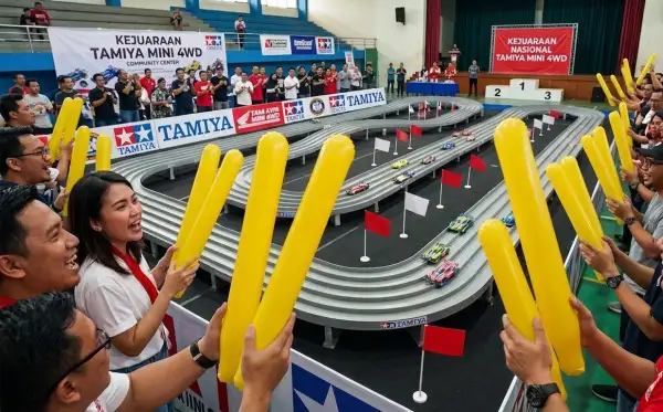 Penonton memeriahkan kejuaraan balap mobil mini Tamiya di dalam ruangan.