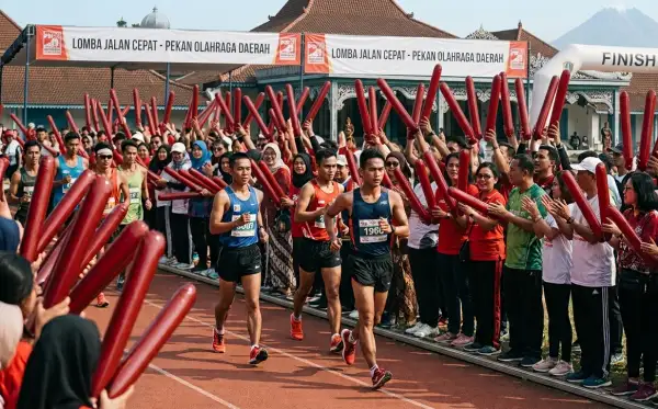Peserta lomba jalan cepat melewati garis finish dengan dukungan penonton yang membawa balon tepuk