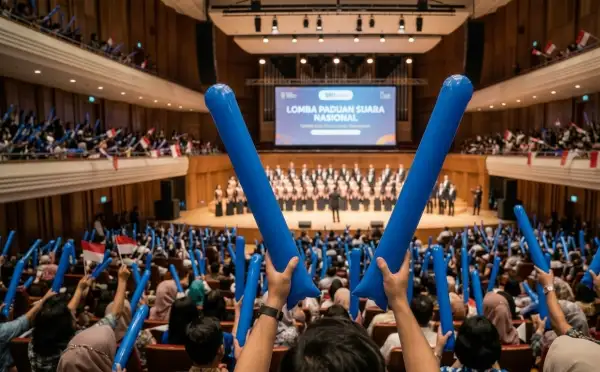 Penonton meramaikan acara lomba paduan suara di dalam gedung pertunjukan.