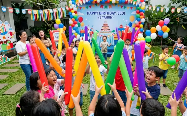Anak-anak memegang balon tepuk warna-warni untuk memeriahkan pesta ulang tahun di area terbuka.