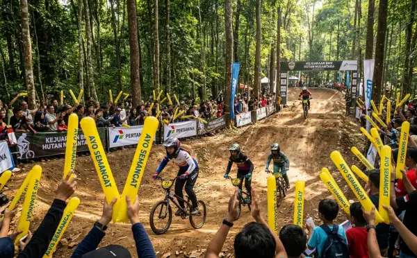 Balon tepuk Tanjungbalai berwarna kuning digunakan penonton untuk menyemangati peserta lomba sepeda BMX di jalur hutan.