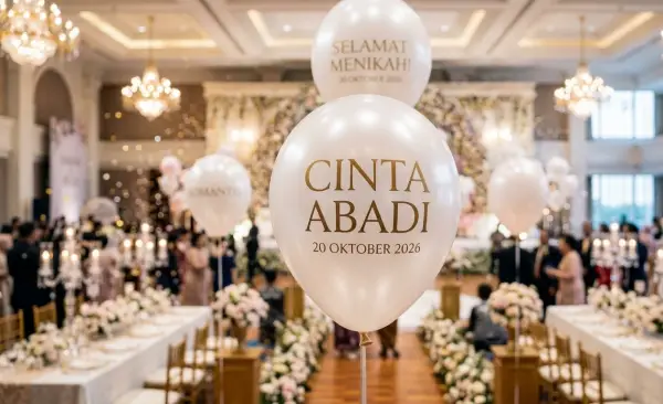 Balon Sablon Promosi Balikpapan menghiasi tempat acara pernikahan.