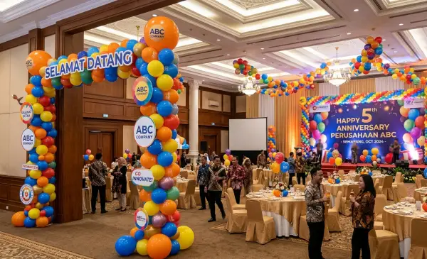 Balon Sablon Balikpapan digunakan pada acara pertemuan perusahaan.