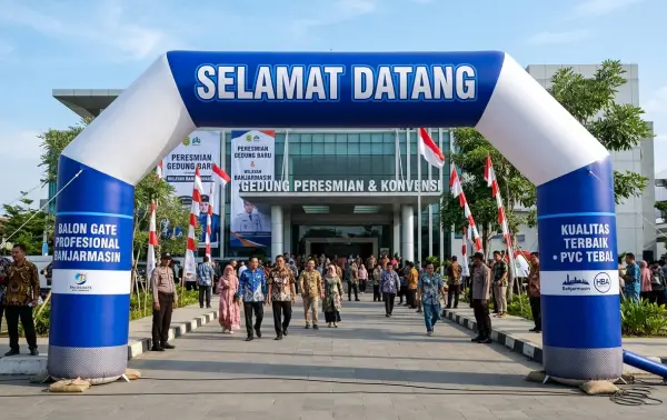 Balon gate Banjarmasin berwarna biru putih untuk menyambut tamu pada acara peresmian gedung baru.