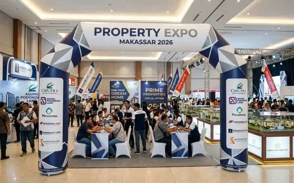 Gerbang balon promosi untuk menyambut pengunjung pameran properti di pusat perbelanjaan.