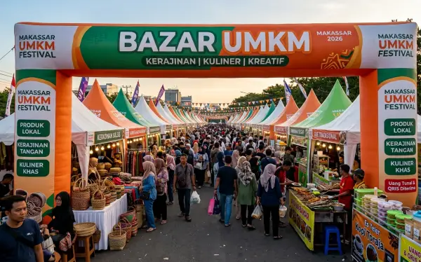 Balon gate Makassar untuk acara bazar UMKM yang menampilkan produk lokal, kuliner, dan kerajinan.