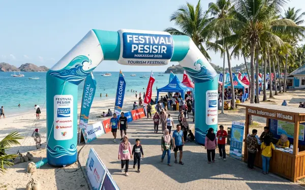 Gerbang balon bertema ombak untuk menyambut pengunjung festival pesisir di kawasan pantai.