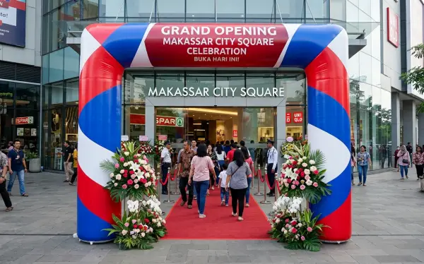 Balon gate Makassar berwarna merah, biru, dan putih sebagai penanda acara grand opening pusat perbelanjaan.