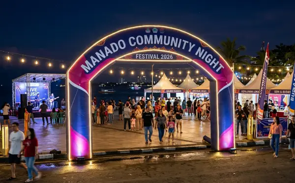 Balon gate Manado dengan lampu dekoratif yang memeriahkan acara komunitas pada malam hari.