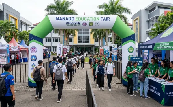 Balon gate hijau putih di pintu masuk Manado Education Fair dengan stan informasi kampus.