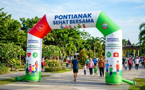 Balon gate Pontianak berwarna merah, putih, dan hijau untuk acara Pontianak Sehat Bersama di taman kota.