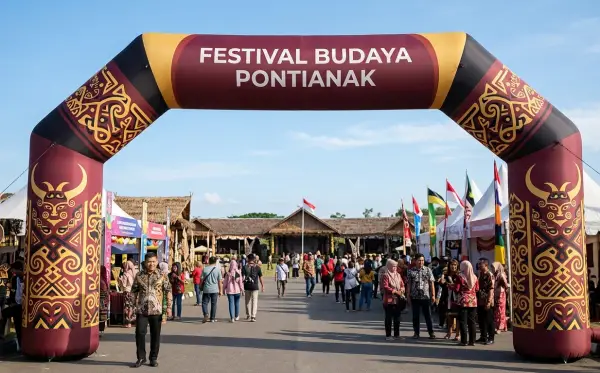 Balon gate bermotif ornamen budaya untuk menyambut pengunjung Festival Budaya Pontianak.
