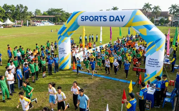 Balon gate Pontianak bertema Sports Day untuk kegiatan olahraga sekolah dengan peserta berlari melewati gerbang.