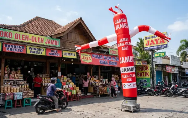 Balon promosi Jambi berbentuk balon maskot berdiri di depan toko oleh-oleh sebagai penanda lokasi usaha.