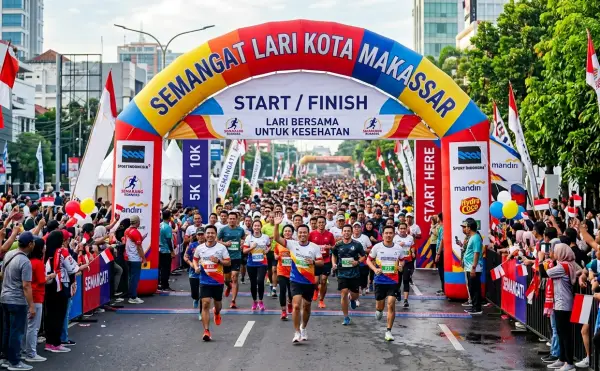 Balon gate Makassar sebagai gerbang start dan finish pada acara lari bersama.