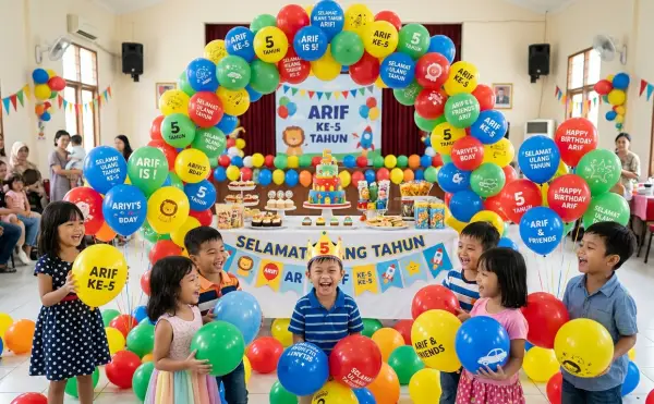 Balon sablon untuk dekorasi ulang tahun dengan warna cerah dan cetakan tulisan khusus.