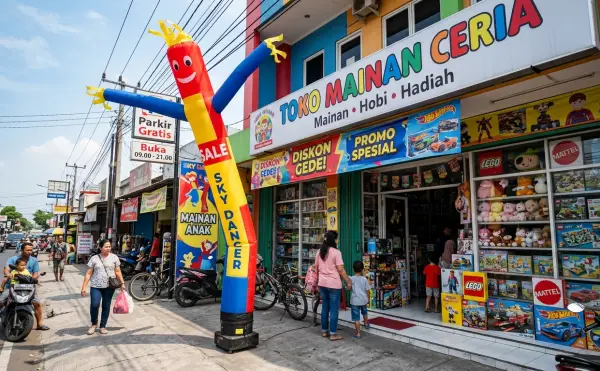 Sky dancer warna-warni di depan toko mainan sebagai media promosi yang menarik perhatian pengunjung.