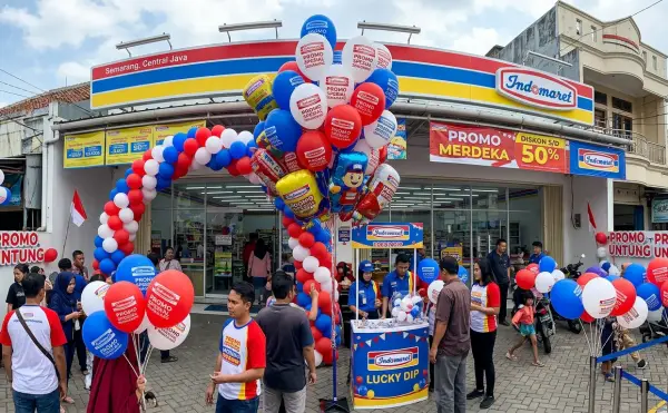Dekorasi balon promosi dengan kombinasi warna merah, putih, dan biru untuk memeriahkan acara diskon di depan minimarket.