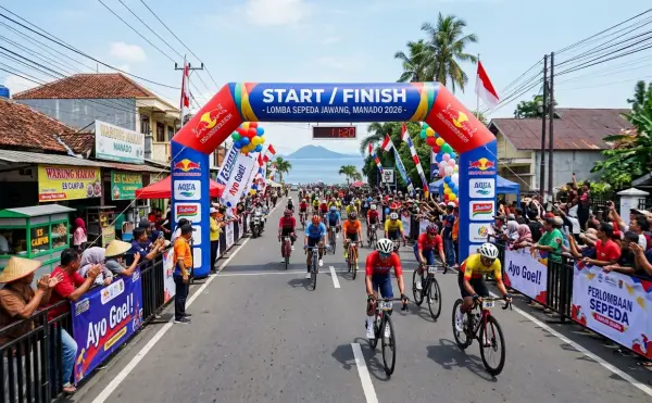 Balon promosi Manado berbentuk gerbang start dan finish untuk mendukung kemeriahan lomba sepeda yang diikuti banyak peserta.