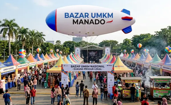 Bertuliskan Bazar UMKM Manado yang menghiasi area bazar dan membantu menarik perhatian pengunjung.