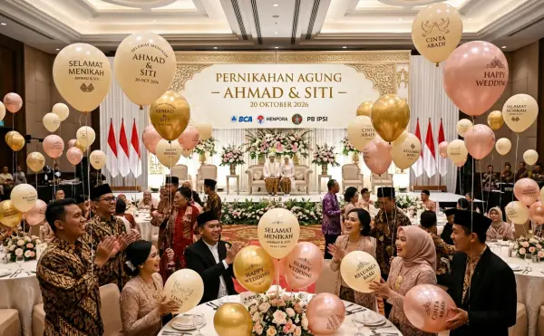 Balon promosi Pontianak berupa balon dekorasi berwarna emas dan merah muda untuk memeriahkan acara pernikahan elegan.