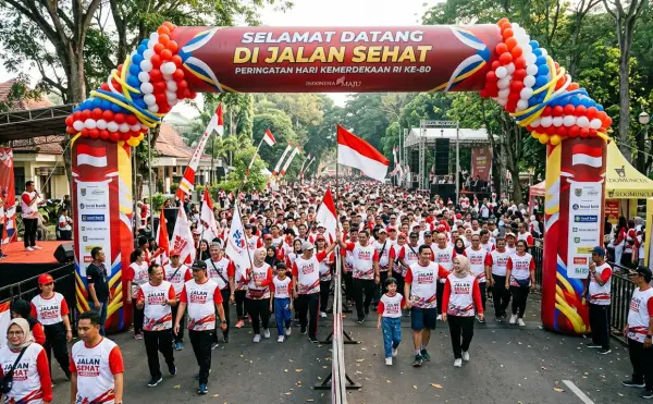 Gerbang balon berwarna merah, putih, dan biru menyambut peserta jalan sehat dalam perayaan Hari Kemerdekaan Indonesia.