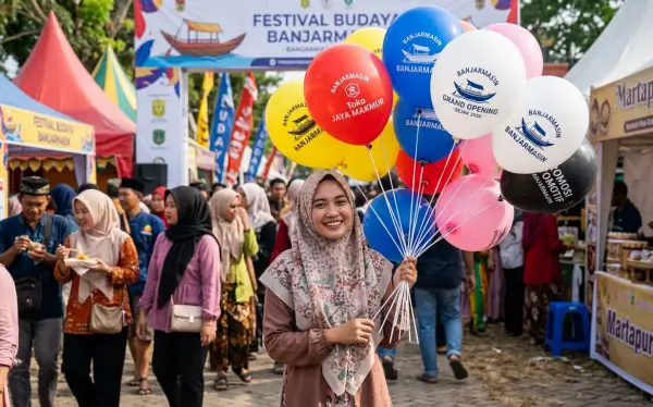 Balon sablon Banjarmasin dengan beragam warna yang dibawa pengunjung saat festival budaya.