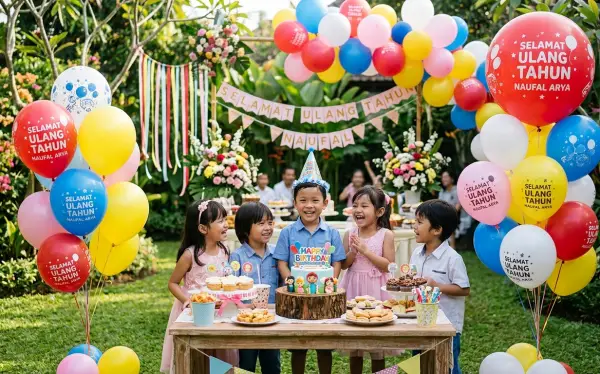 Balon warna-warni dengan sablon ucapan selamat ulang tahun untuk memeriahkan pesta anak-anak.
