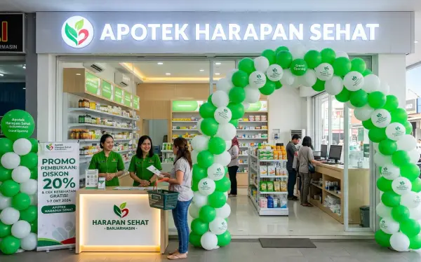 Dekorasi untuk promosi dan pembukaan Apotek Harapan Sehat di Banjarmasin.