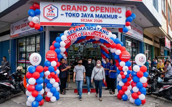 Menghiasi pintu masuk Toko Jaya Makmur saat acara grand opening.
