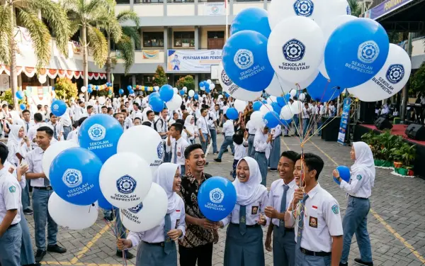 Balon sablon Makassar berwarna biru dan putih digunakan siswa dalam acara perayaan di sekolah.