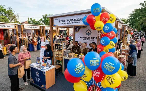 Balon promosi bersablon logo dan tulisan produk menghiasi stan bazar UMKM di Makassar.