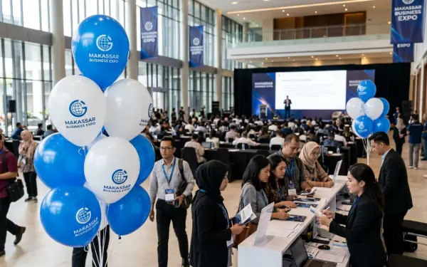 Berlogo Makassar Business Expo menghiasi area registrasi peserta seminar dan pameran bisnis.