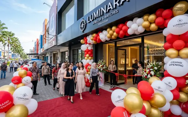 Dekorasi merah, putih, dan emas menyambut pengunjung saat grand opening toko di Makassar.