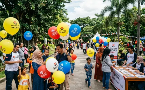 Balon sablon warna-warni bertuliskan Makassar Peduli memeriahkan kegiatan sosial bersama masyarakat.