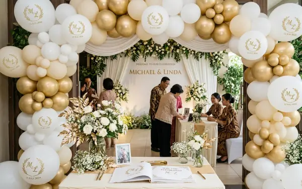 Dekorasi balon putih dan emas dengan cetakan logo untuk mempercantik acara pernikahan.