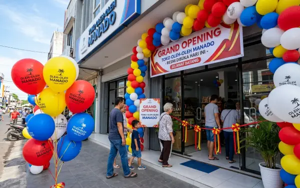 Balon sablon Manado berwarna-warni untuk memeriahkan pembukaan toko oleh-oleh.