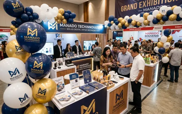 Balon custom berlogo perusahaan sebagai dekorasi stan pameran produk di Manado.