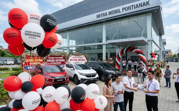 Balon sablon Pontianak untuk memeriahkan peresmian showroom mobil dengan dekorasi merah, putih, dan hitam.