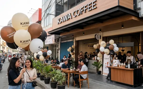 Balon dekorasi berwarna krem, cokelat, dan hitam pada acara grand opening kedai kopi Kawa Coffee.