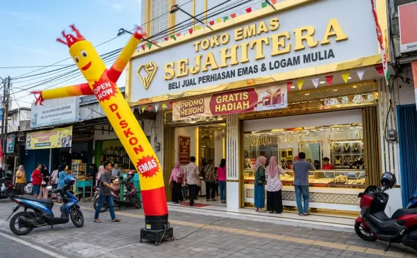 Balon sky dancer Banjarmasin untuk promosi toko emas dengan desain warna merah dan kuning.