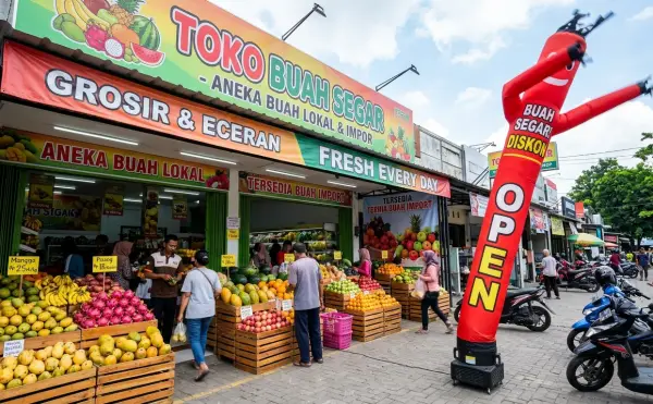 Balon sky dancer menarik perhatian pengunjung di depan toko buah segar.