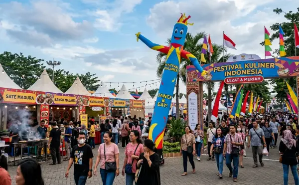 Balon sky dancer Banjarmasin memeriahkan festival kuliner dengan warna cerah dan desain unik.