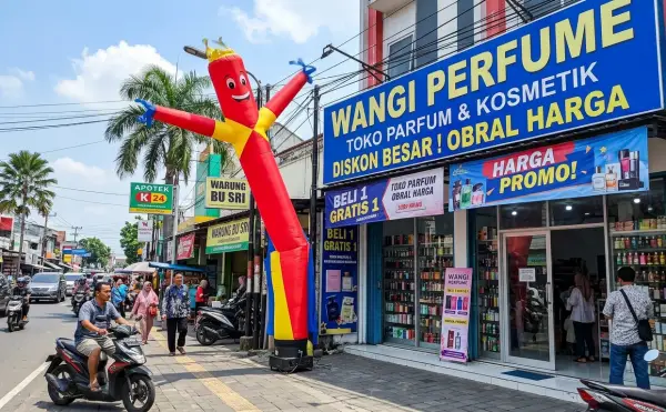 Di depan toko parfum untuk menarik perhatian pengunjung dan memperkenalkan usaha.