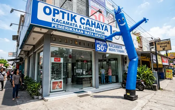 Balon sky dancer Lampung di depan toko optik untuk menarik perhatian pelanggan.