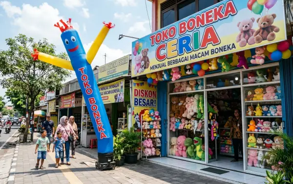 Balon sky dancer untuk promosi toko boneka dengan desain warna-warni.