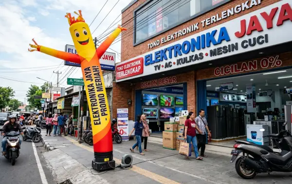 Balon sky dancer Makassar sebagai media promosi di depan toko elektronik dengan desain berwarna cerah.