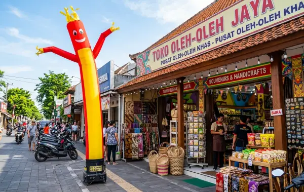 Balon sky dancer berbentuk karakter bermahkota yang menarik perhatian pengunjung di depan toko oleh-oleh.