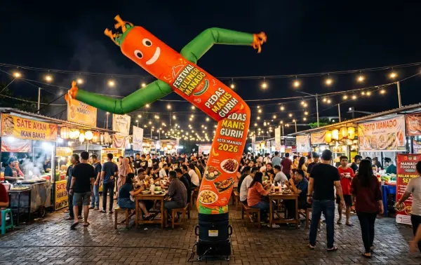 Balon sky dancer Manado berwarna oranye dan hijau memeriahkan festival kuliner malam dengan stan makanan dan pengunjung.